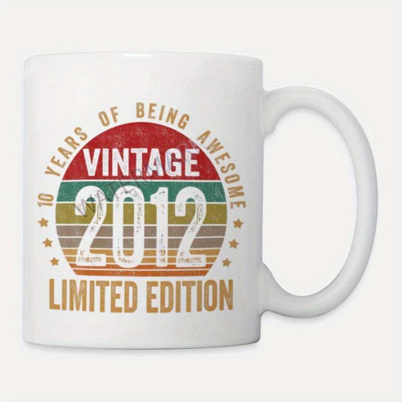 Tailorly White Ceramic 11 oz Mug - 10 Years Of Being Awesome Vintage 2012 Limited Edition Distressed Vibrant Stripes Under A Golden Weathered Retro Circular