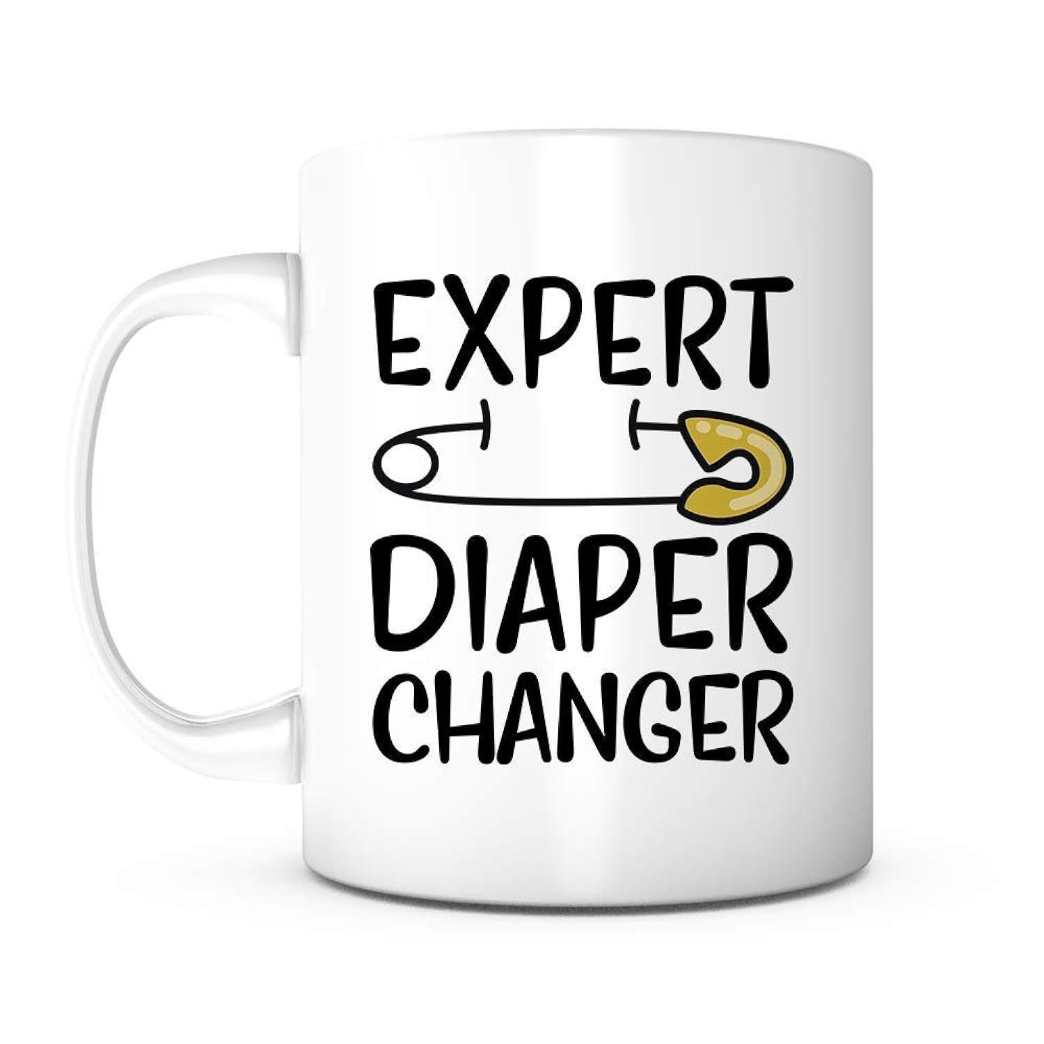 Tailorly White Ceramic 11 oz Mug - Expert Diaper Changer Hand Drawn Illustrative Safety Pin With A Bright Golden Top Section Pin
