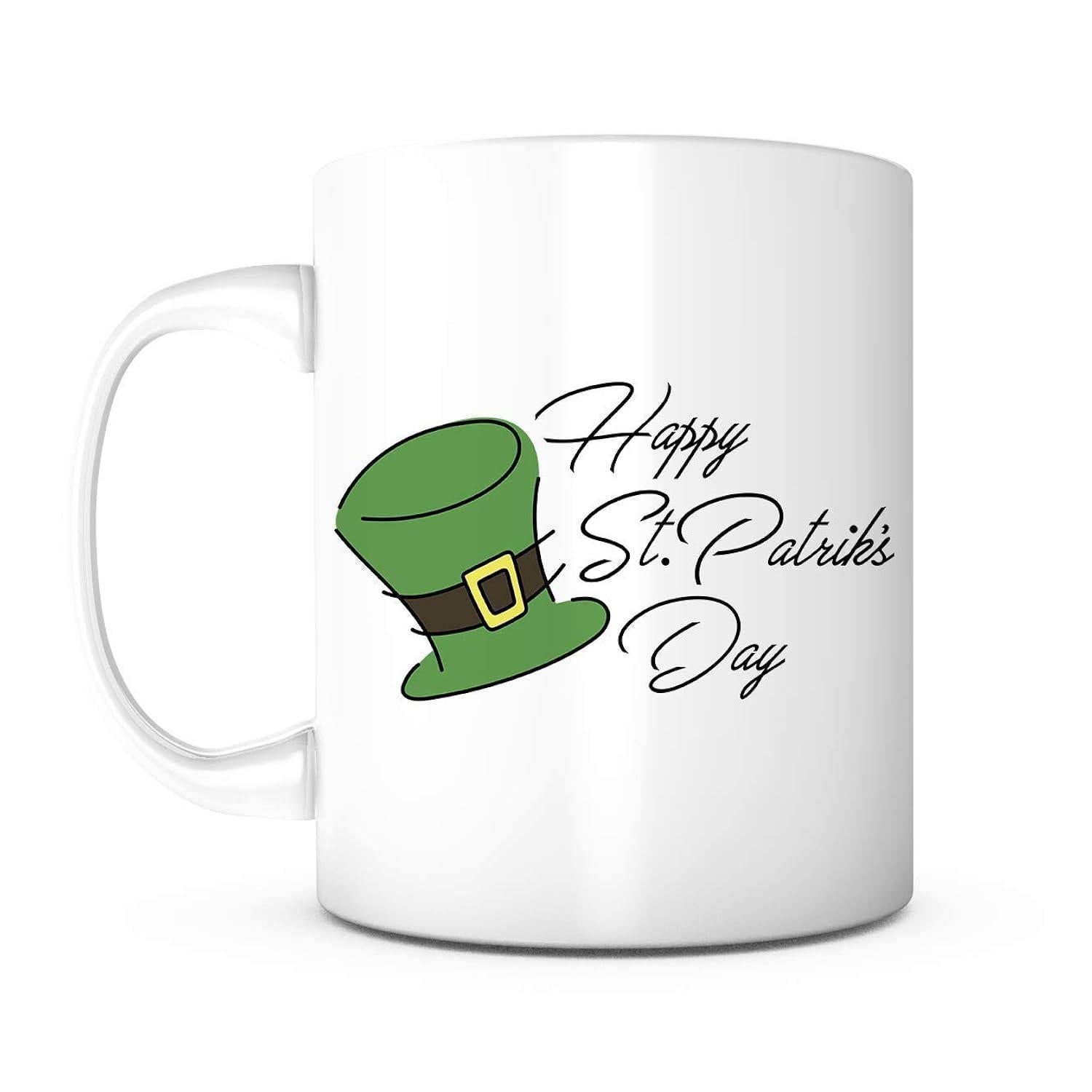 Tailorly White Ceramic 11 oz Mug - Happy St Patricks Day Traditional Green Leprechaun Hat With Golden Buckle Illustration Hat