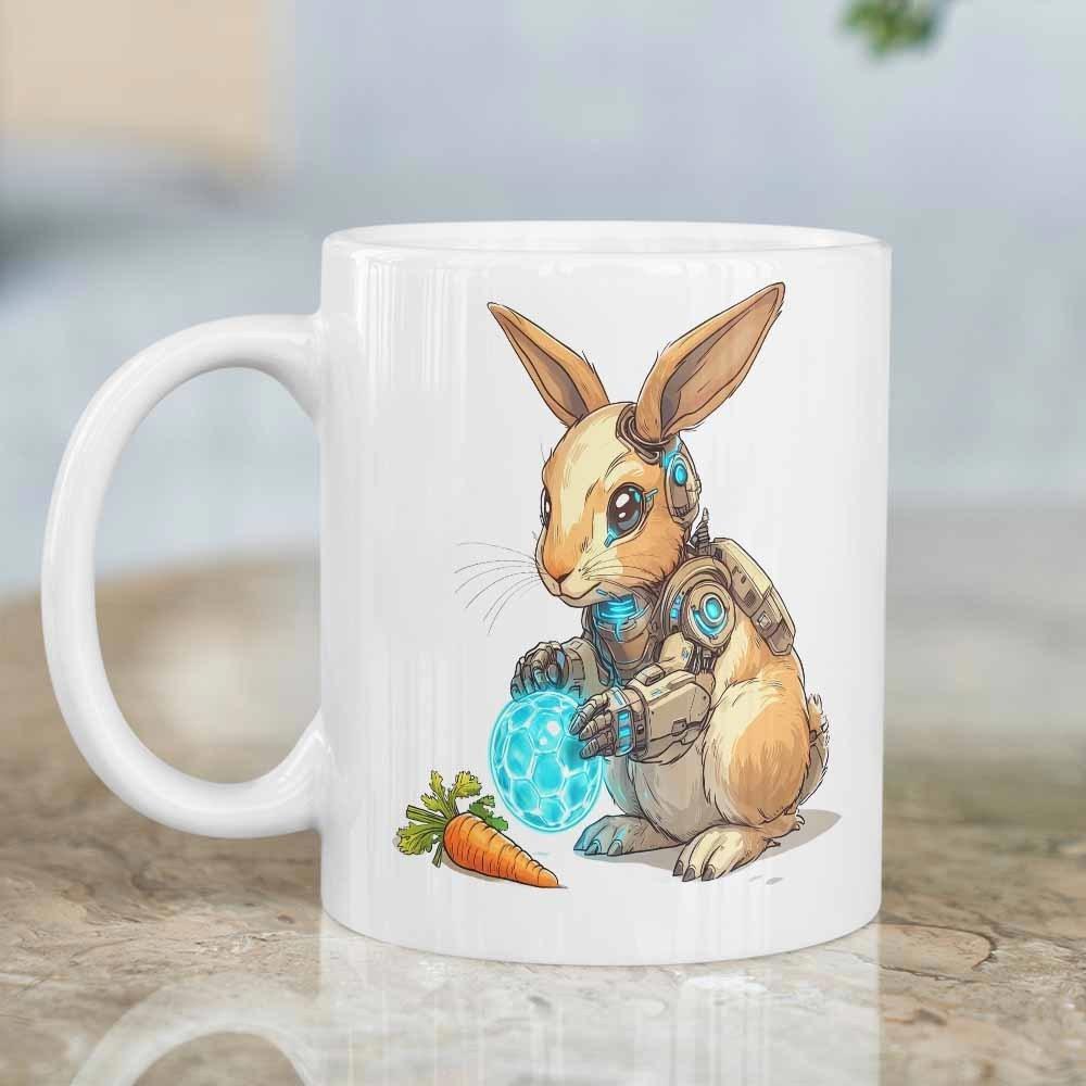 Tailorly White Ceramic 11 oz Mug - Mechanical Cybernetic Style Holding A Glowing Blue Futuristic Egg Rabbit