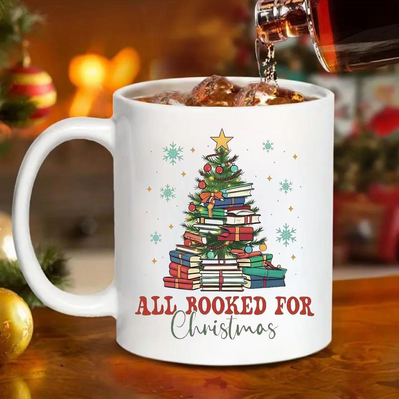 Tailorly White Ceramic 11 oz Mug - All Booked For Christmas Stacked Colorful Books Forming A Festive Decorative Holiday Tree