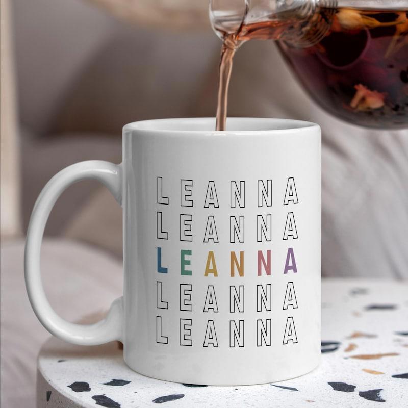 Tailorly White Ceramic 11 oz Mug - Leanna Minimalist Repeated Design Featuring Colorful Modern Sans Serif Outline Typography