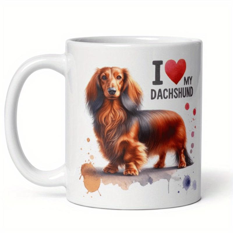 Tailorly White Ceramic 11 oz Mug - I Love My Dachshund Majestic Long Haired Dog With Artistic Watercolor Splashes And Red Heart Dachshund