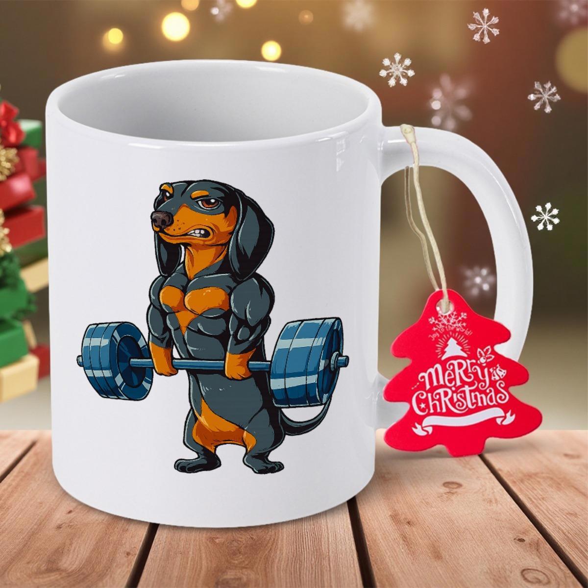 Tailorly White Ceramic 11 oz Mug - Merry Christmas Strong Muscular Dachshund Lifting A Heavy Blue Steel Weightlifting Barbell Dachshund