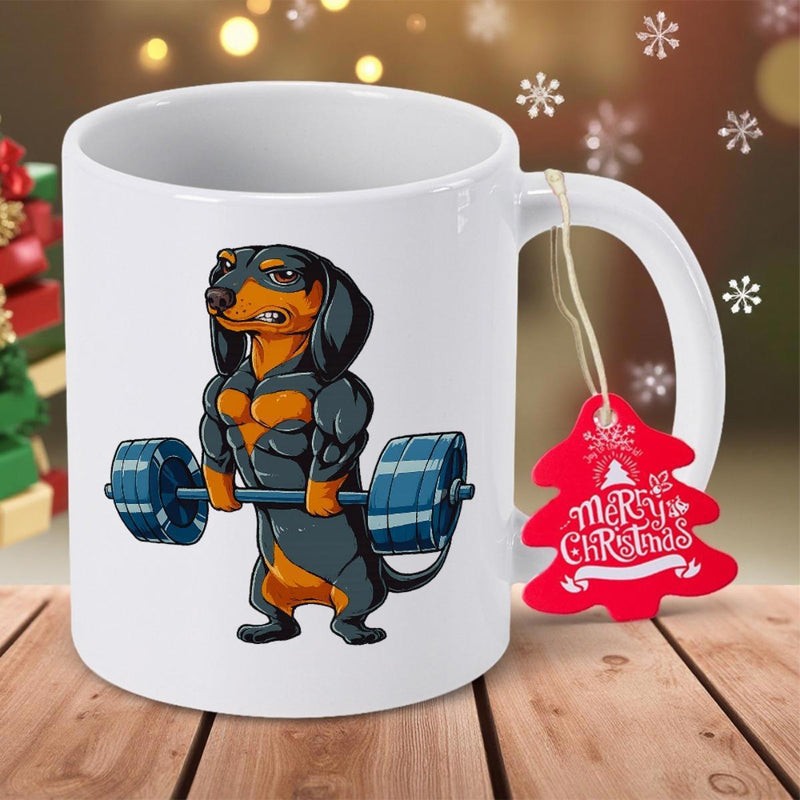 Tailorly White Ceramic 11 oz Mug - Merry Christmas Strong Muscular Dachshund Lifting A Heavy Blue Steel Weightlifting Barbell Dachshund