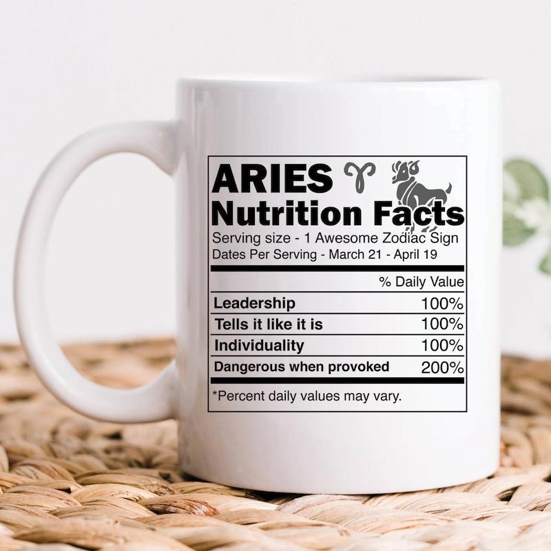 Tailorly White Ceramic 11 oz Mug - Aries Nutrition Facts Detailed Ram Silhouette With Zodiac Glyph Inside Defined Black Bordered Box Aries