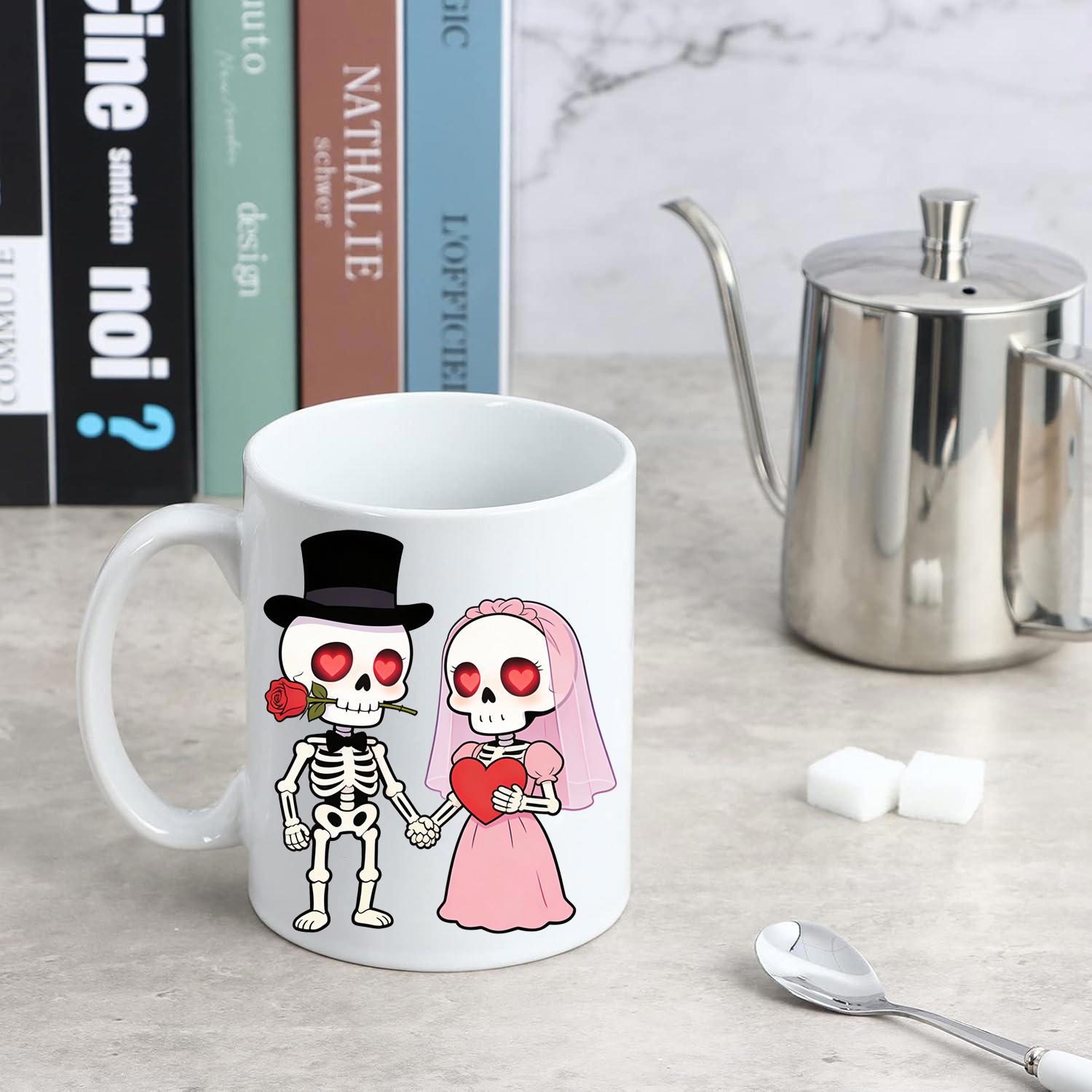 Tailorly White Ceramic 11 oz Mug - Romantic Cartoon Wedding Couple Dressed In Spooky Attire With Pink Veil Skeleton