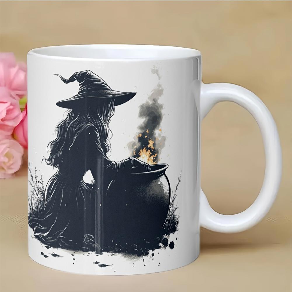 Tailorly White Ceramic 11 oz Mug - Mysterious Dark Silhouette Brewing Magic Potion Inside A Smoking Bubbling Cauldron Witch