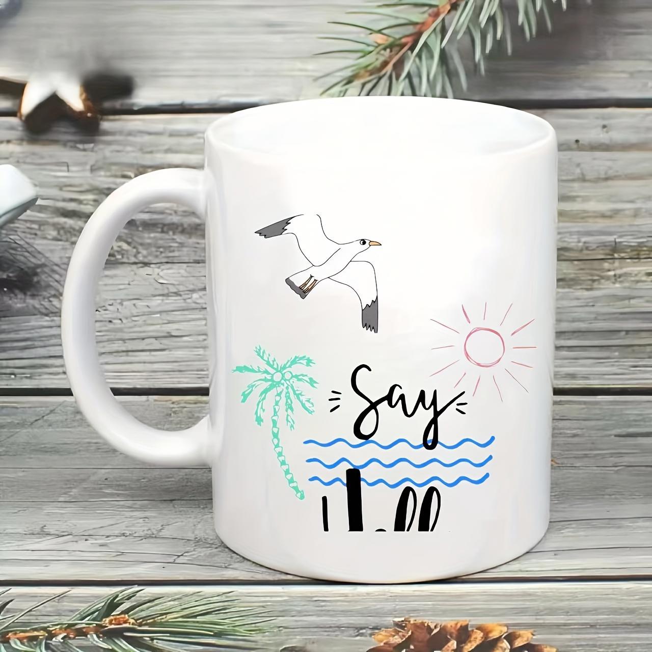 Tailorly White Ceramic 11 oz Mug - Say I Do Flying Seagull With Tropical Palm Tree And Sun Over Ocean Waves Mug