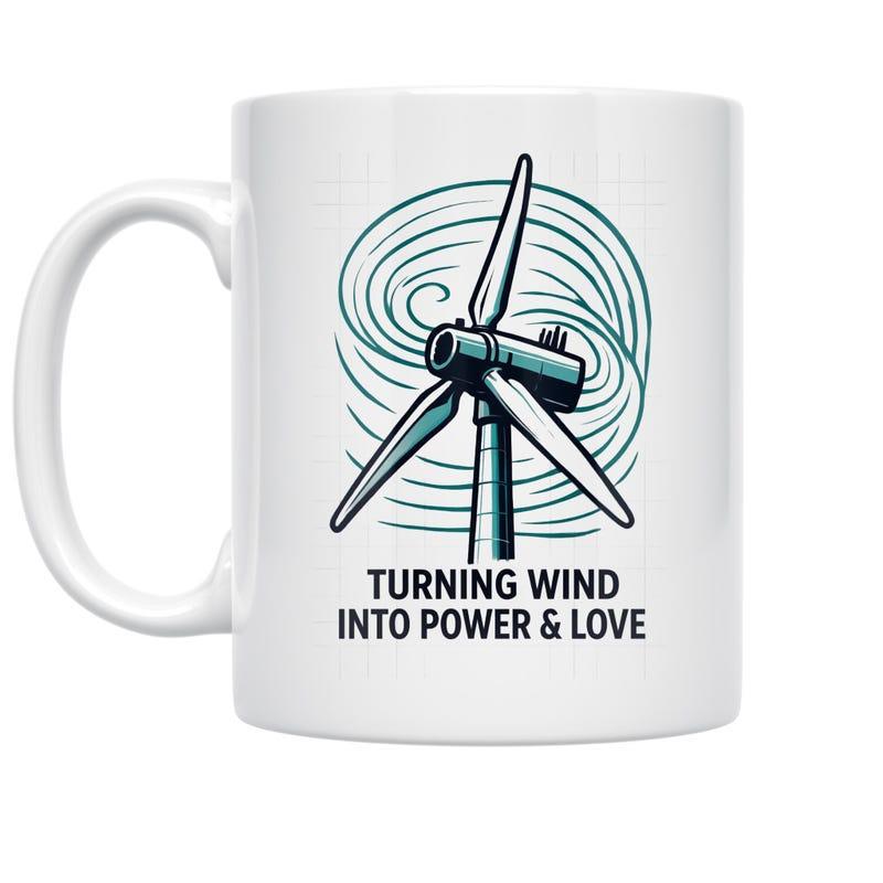 Tailorly White Ceramic 11 oz Mug - Turning Wind Into Power Love Majestic Modern Windmill Spinning With Blue Swirling Breeze Air Energy Windmill