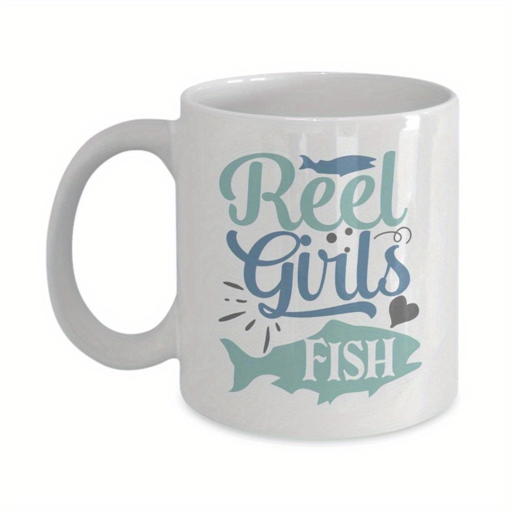 Tailorly White Ceramic 11 oz Mug - Reel Girls Fish Teal Silhouette Of A Swimming Aquatic Creature And Small Heart Fish