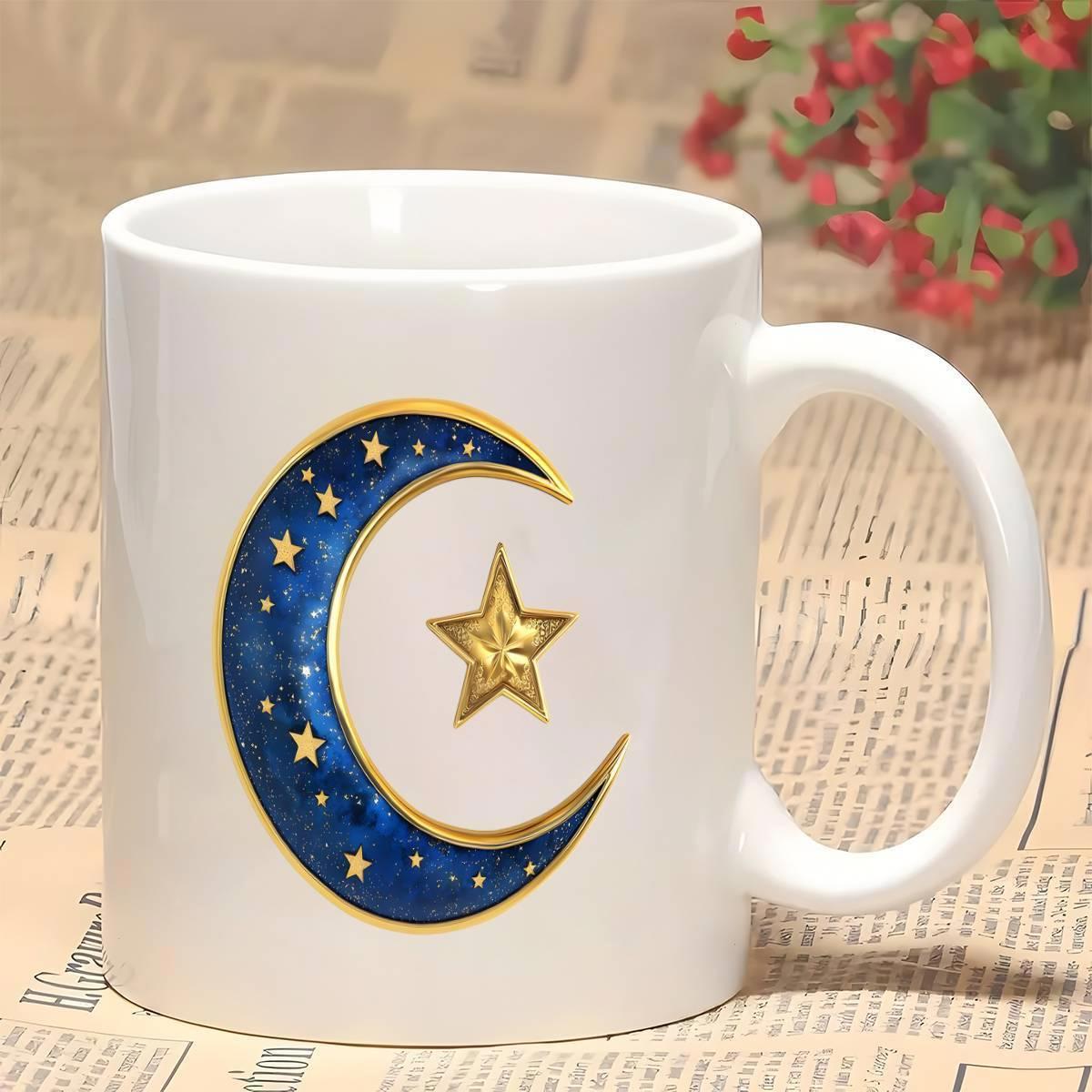 Tailorly White Ceramic 11 oz Mug - Golden Stars Nestled Within A Blue Midnight Sky Crescent Moon