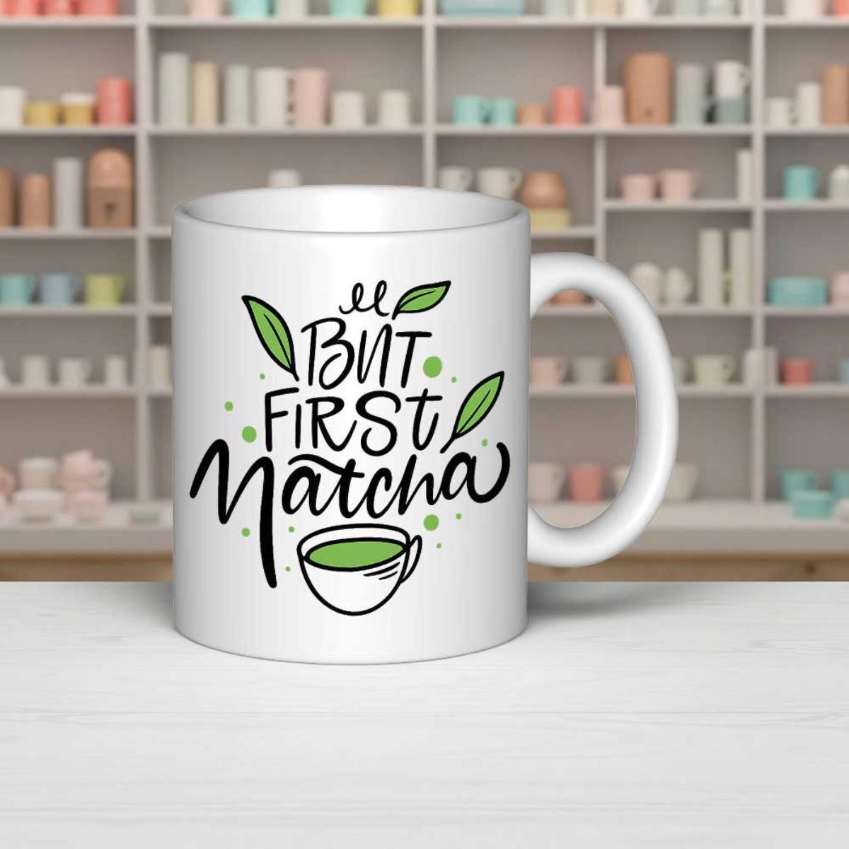 Tailorly White Ceramic 11 oz Mug - But First Matcha Minimalist White Ceramic With Decorative Green Tea Leaves Mug