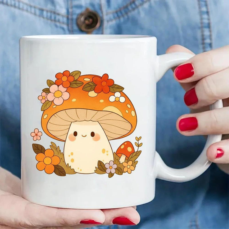 Tailorly White Ceramic 11 oz Mug - Adorable Smiling Cartoon Character Surrounded By Blooming Vintage Style Wildflowers And Leaves Mushroom