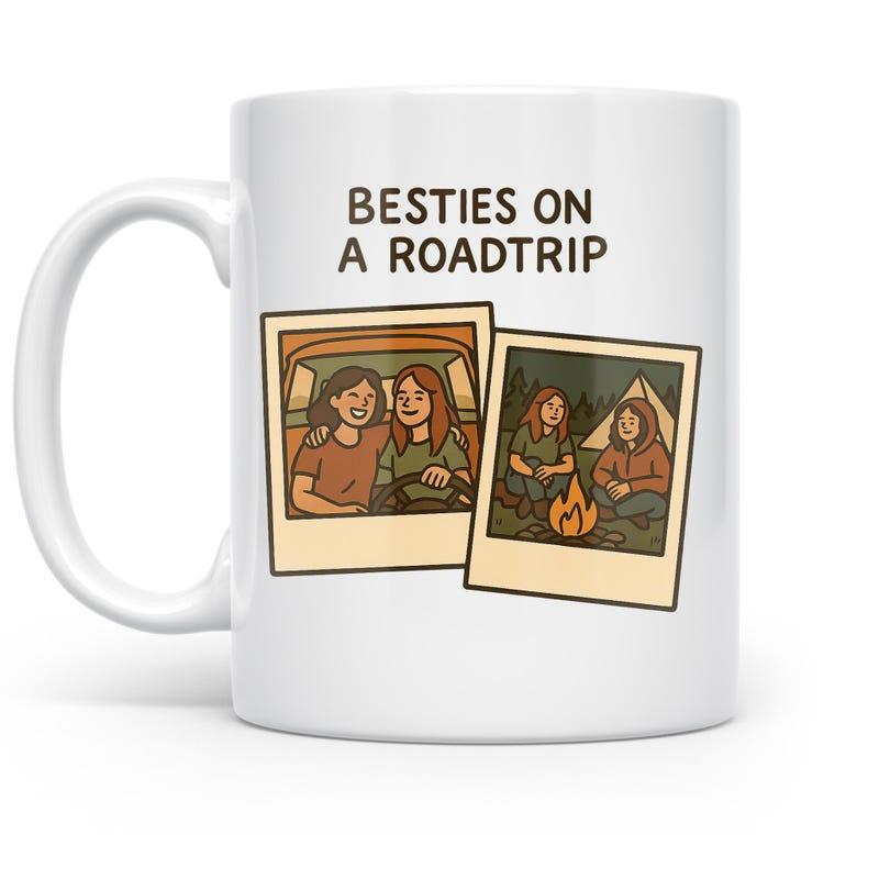 Tailorly White Ceramic 11 oz Mug - Besties On A Roadtrip Two Polaroid Pictures Capturing Friends Camping Under The Stars Illustration