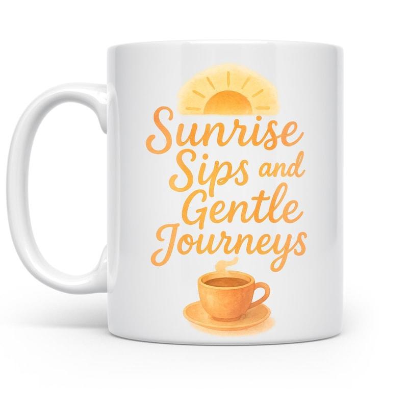 Tailorly White Ceramic 11 oz Mug - Sunrise Sips And Gentle Journeys Golden Radiant Sun Rising Above A Steaming Morning Coffee