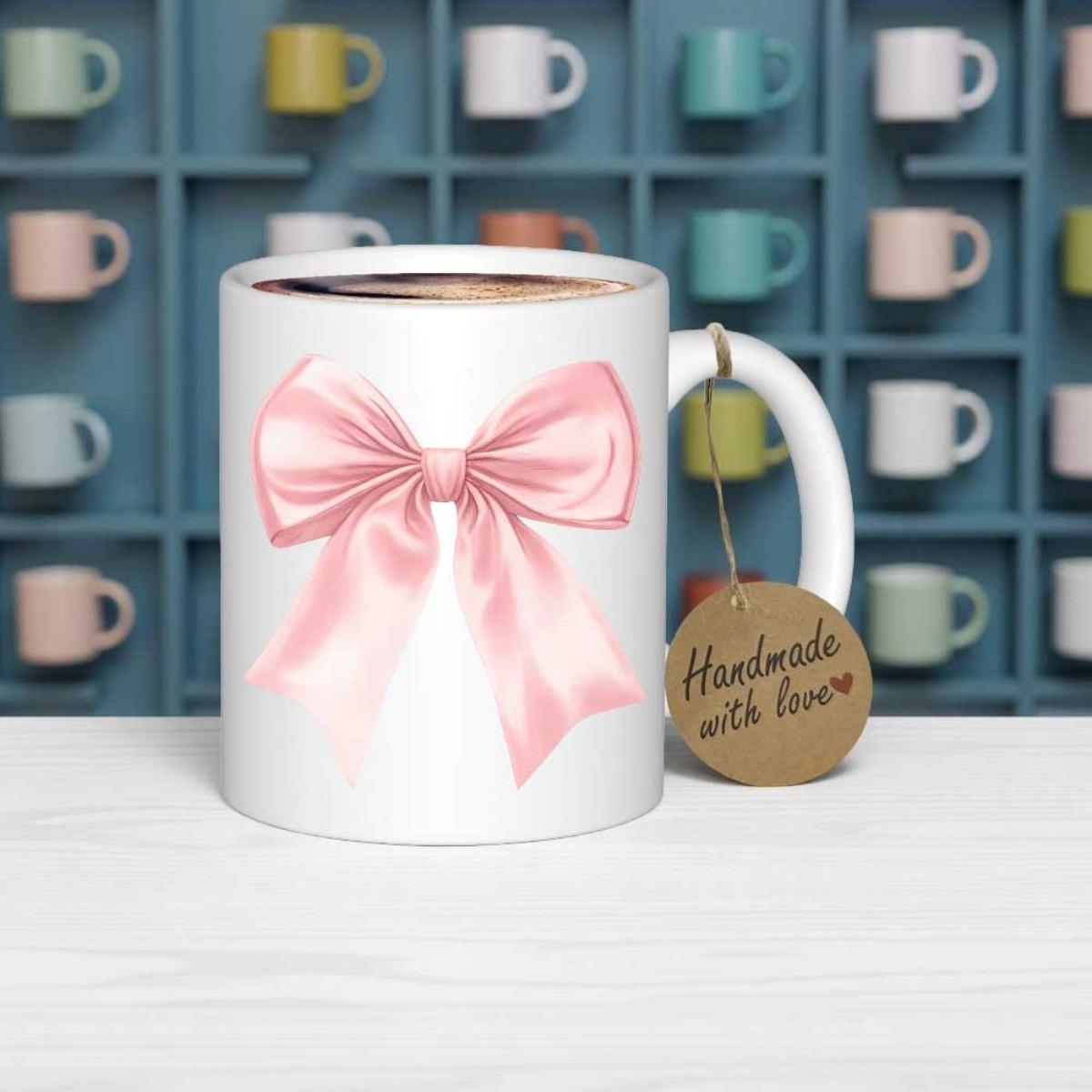 Tailorly White Ceramic 11 oz Mug - Handmade With Love Elegant Soft Pink Satin Ribbon Tied In A Beautiful Decorative Bow