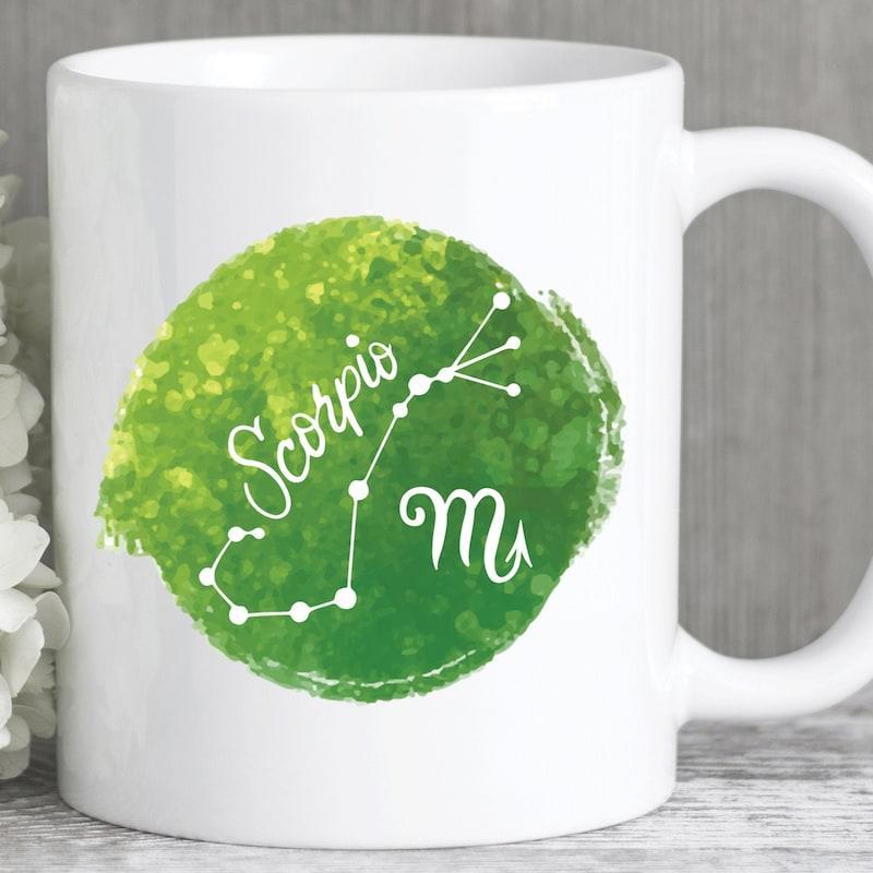 Tailorly White Ceramic 11 oz Mug - Scorpio Vibrant Green Watercolor Circle With Celestial Constellation Lines And Zodiac Scorpio