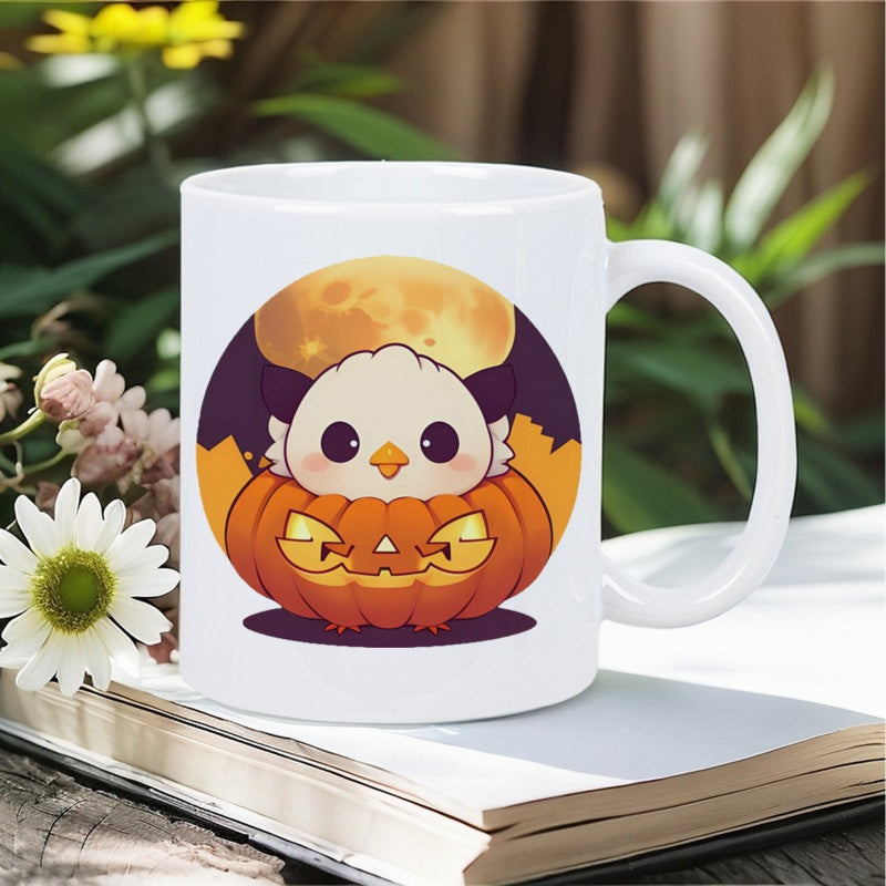 Tailorly White Ceramic 11 oz Mug - Cute Kawaii Creature Resting Inside Carved Orange Pumpkin Under Glowing Full Moon Bird