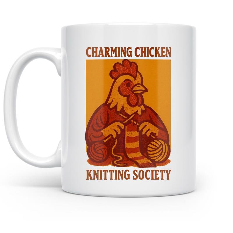 Tailorly White Ceramic 11 oz Mug - Charming Chicken Knitting Society Whimsical Farm Bird Wearing Sweater Knitting With Wooden Needles And Yarn Chicken