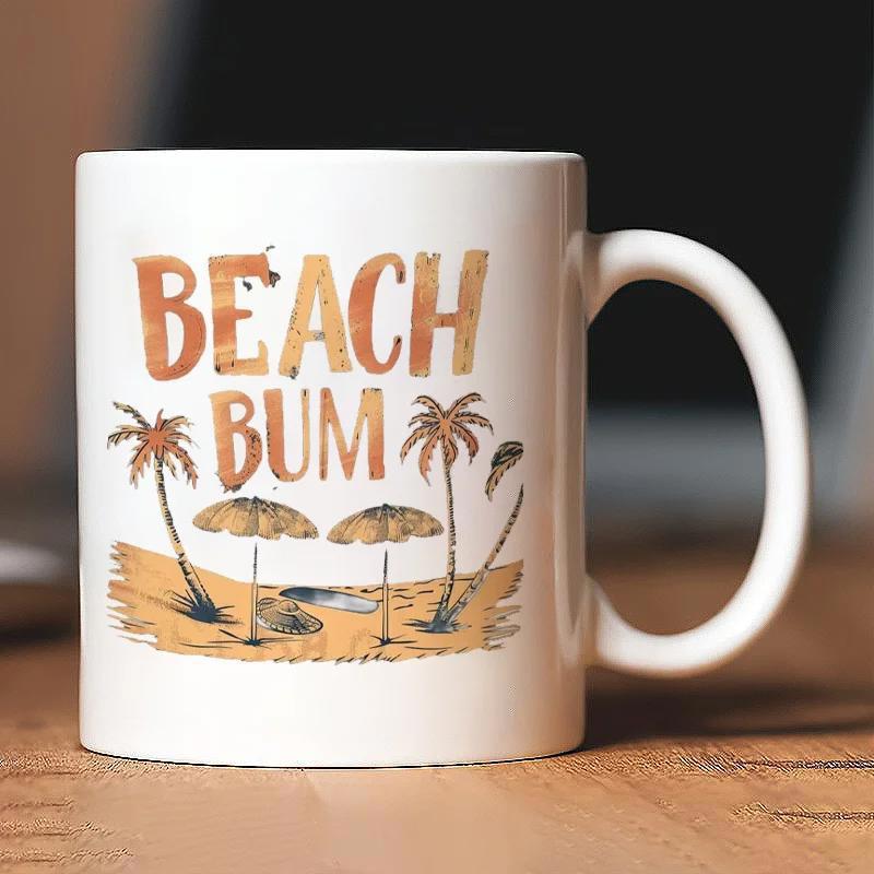 Tailorly White Ceramic 11 oz Mug - Beach Bum Golden Sands Surrounded By Tropical Palm Trees And Beach Umbrellas Landscape