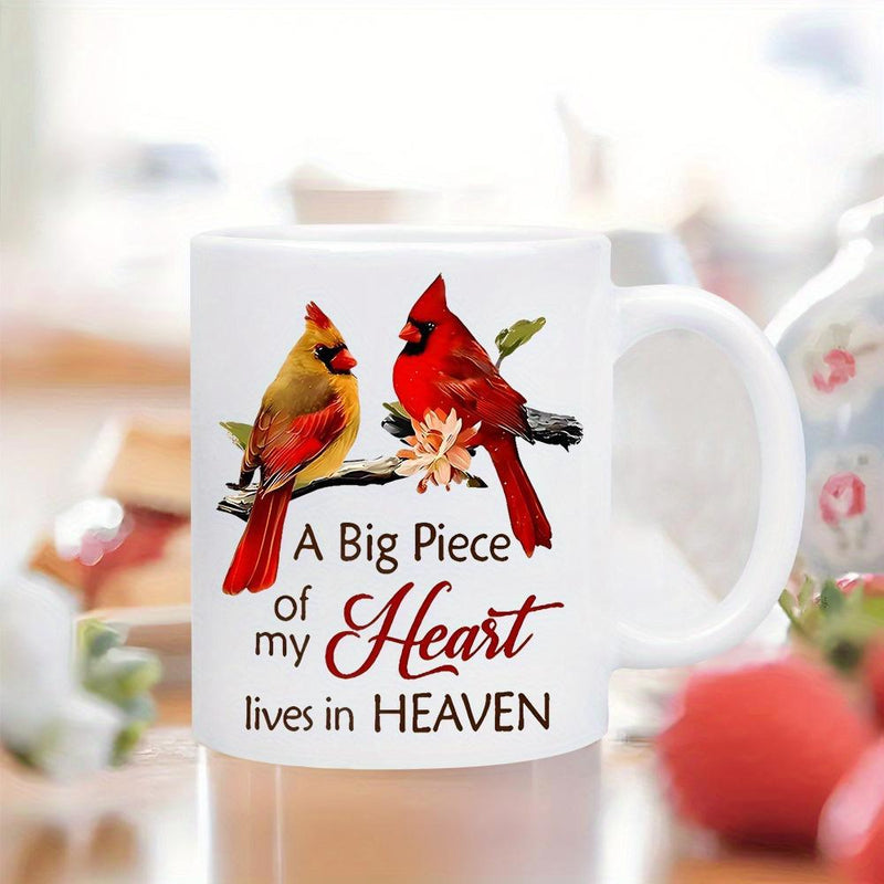Tailorly White Ceramic 11 oz Mug - A Big Piece Of My Heart Lives In Heaven Two Vibrant Red And Yellow Birds Resting Together On A Branch Cardinal