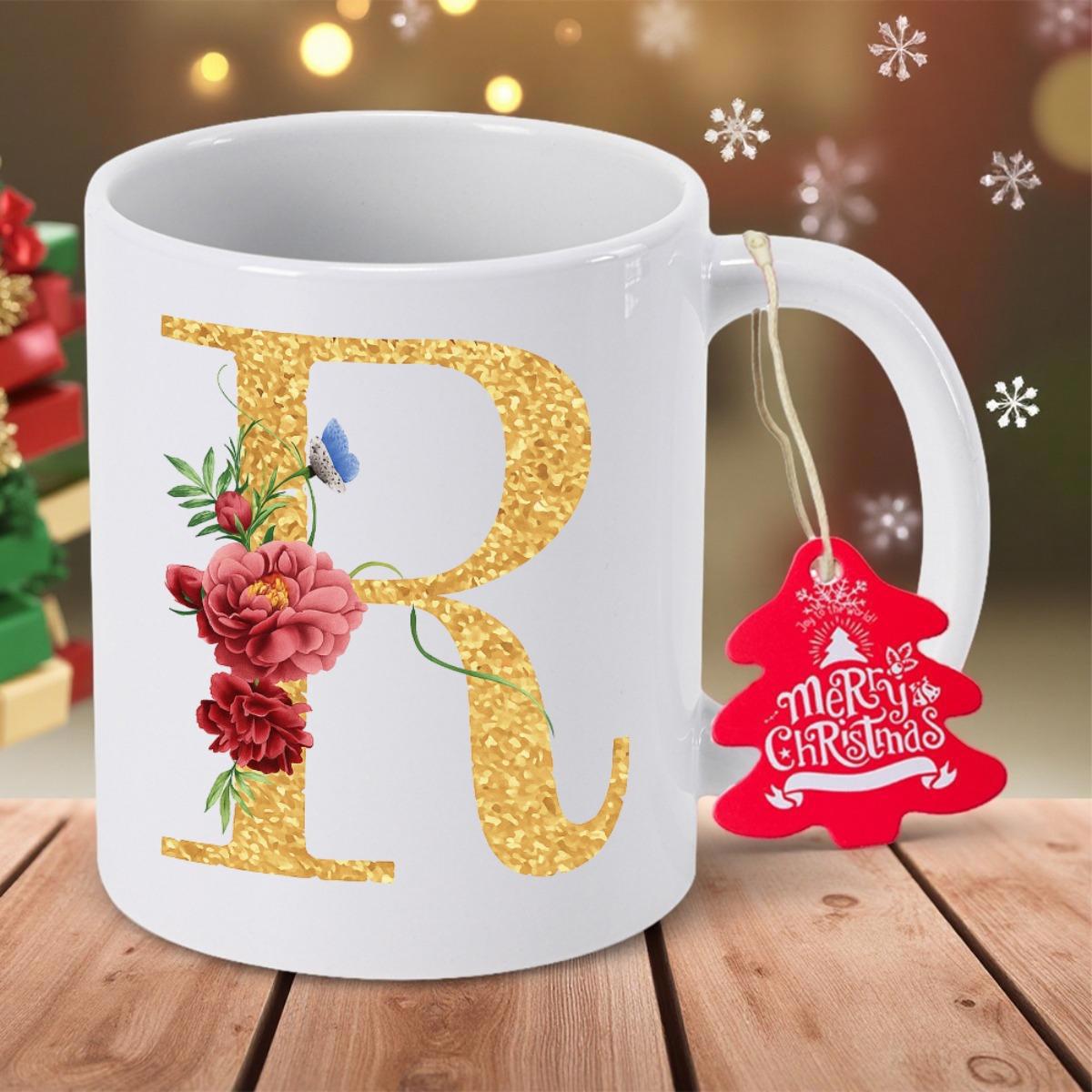 Tailorly White Ceramic 11 oz Mug - Merry Christmas R Sparkling Gold Glitter Texture Adorned With Elegant Pink Blooming Roses Floral Letter