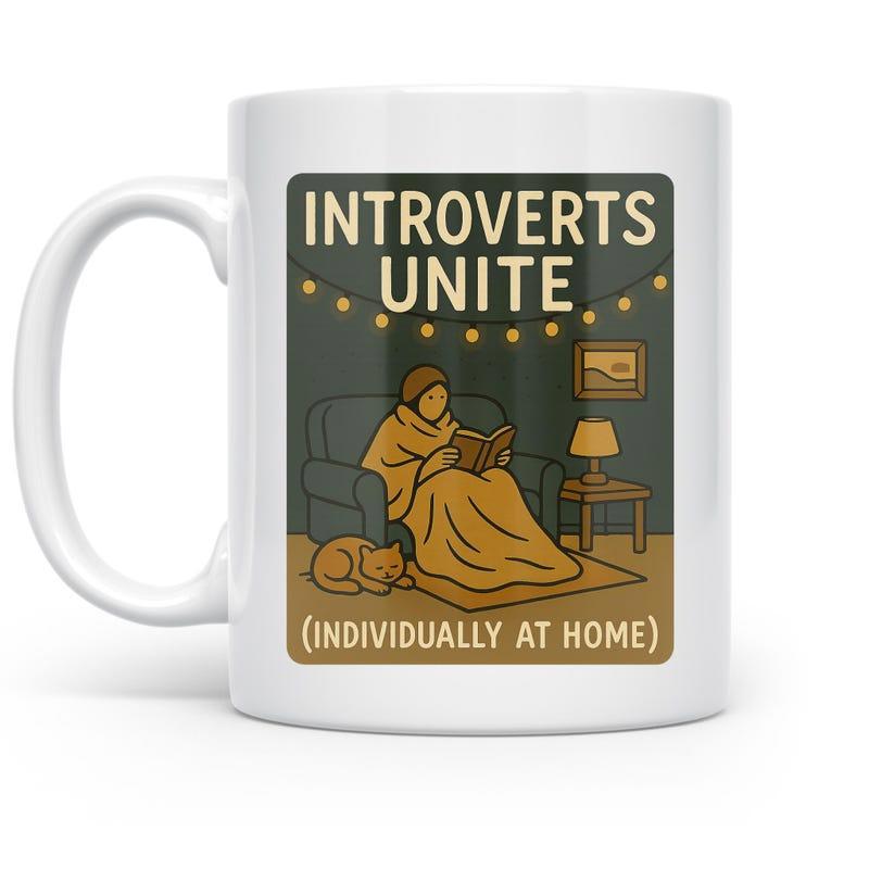 Tailorly White Ceramic 11 oz Mug - Introverts Unite Individually At Home Cozy Person Wrapped In Blanket Reading Among String Lights Illustration