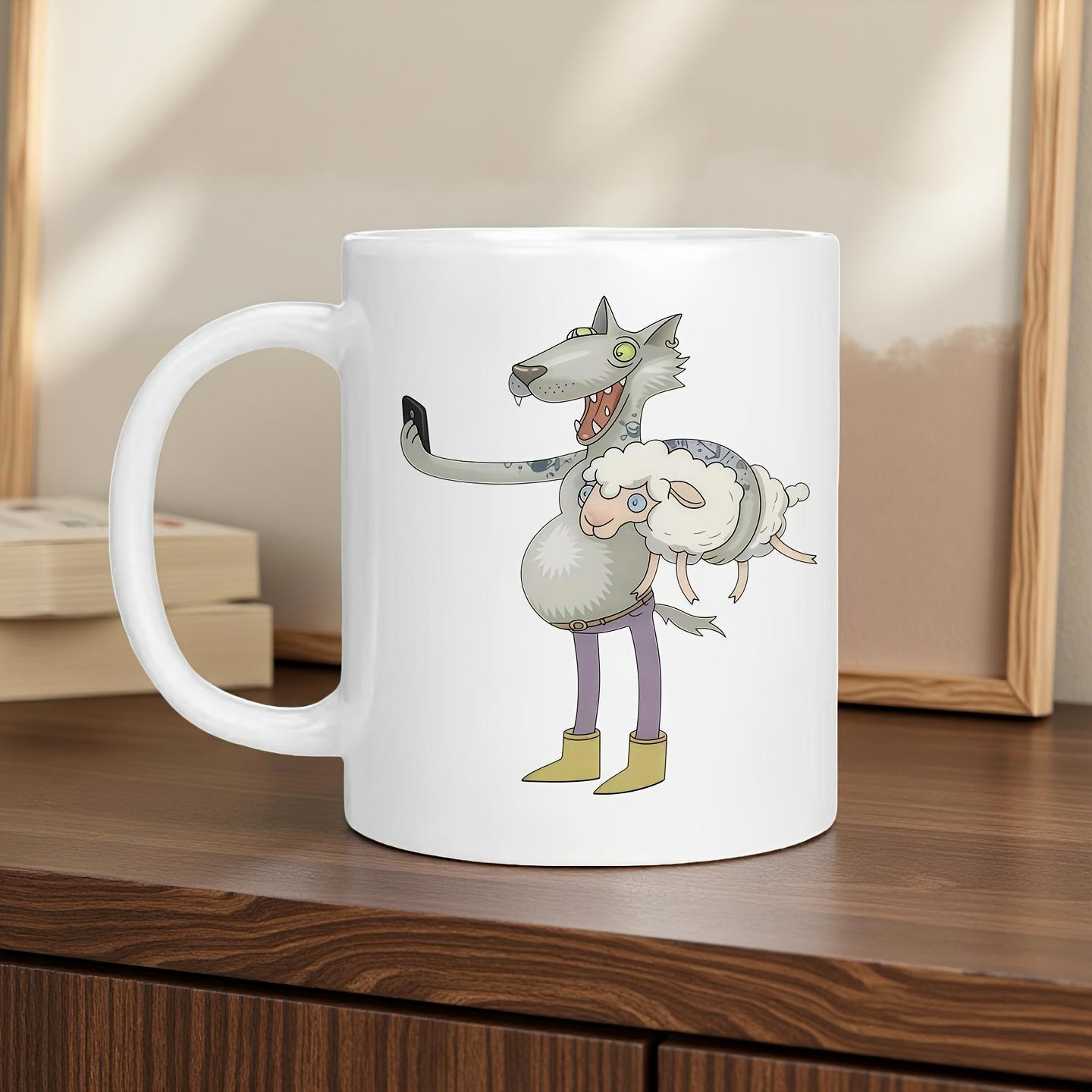 Tailorly White Ceramic 11 oz Mug - Funny Cartoon Character Holding Small White Sheep While Taking A Selfie Wolf