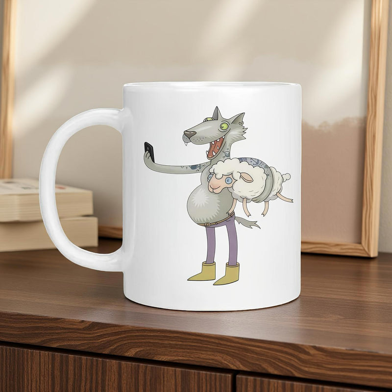 Tailorly White Ceramic 11 oz Mug - Funny Cartoon Character Holding Small White Sheep While Taking A Selfie Wolf