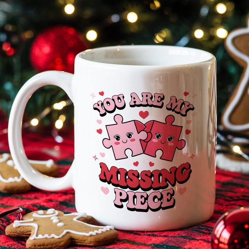 Tailorly White Ceramic 11 oz Mug - You Are My Missing Piece Two Smiling Interlocking Pink Characters Surrounded By Scattered Tiny Love Hearts Puzzle