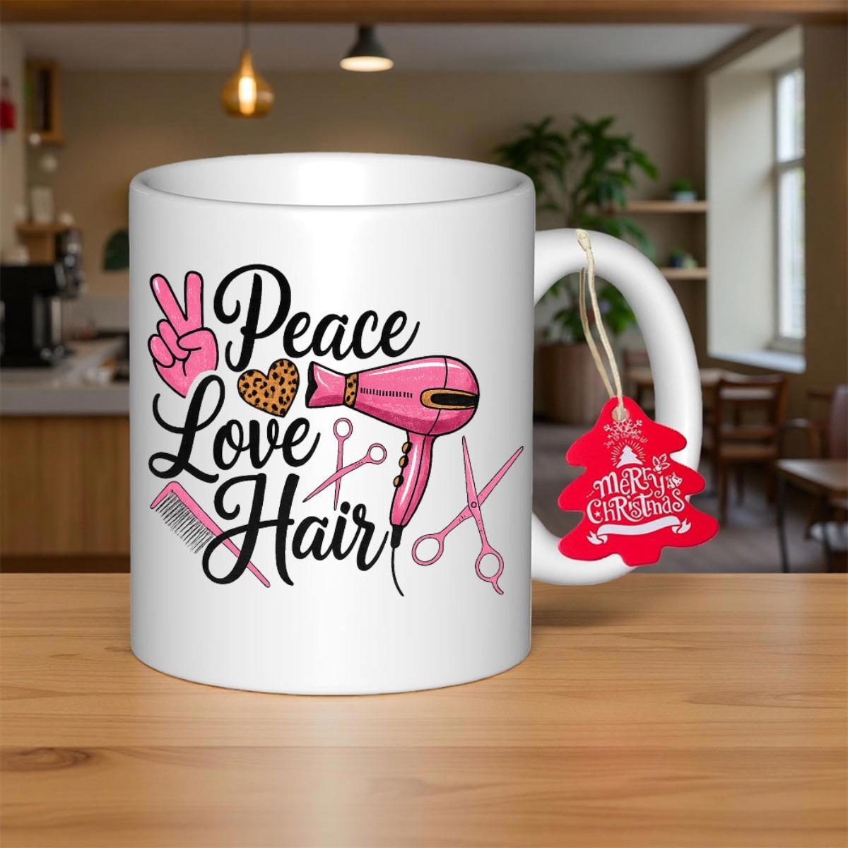 Tailorly White Ceramic 11 oz Mug - Peace Love Hair Pink Salon Tools Featuring Scissors Comb And Leopard Heart Stylist