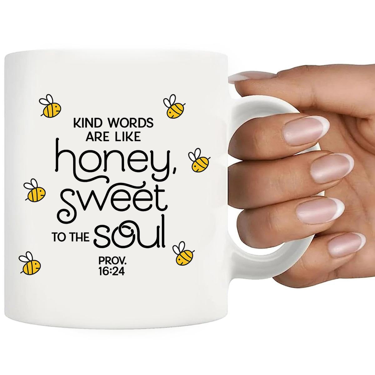 Tailorly White Ceramic 11 oz Mug - Kind Words Are Like Honey Sweet To The Soul Prov 16 24 Small Hand Drawn Bumblebees Buzzing Around Inspirational Scripted