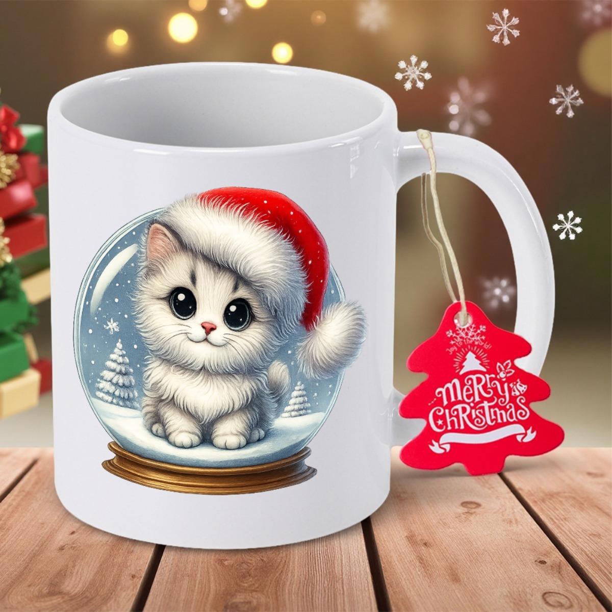 Tailorly White Ceramic 11 oz Mug - Merry Christmas Adorable Fluffy White Kitten Wearing Red Santa Hat Inside Snow Globe Cat