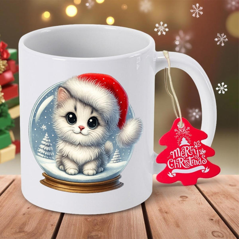 Tailorly White Ceramic 11 oz Mug - Merry Christmas Adorable Fluffy White Kitten Wearing Red Santa Hat Inside Snow Globe Cat