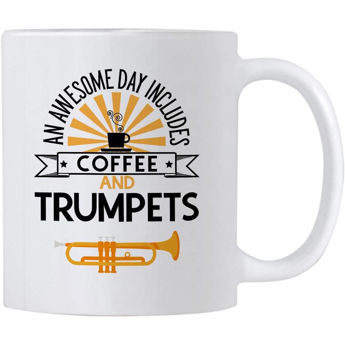 Tailorly White Ceramic 11 oz Mug - An Awesome Day Includes Coffee And Trumpets Golden Musical Instrument With Steaming Coffee Mug And Vintage Sunburst Rays Trumpet