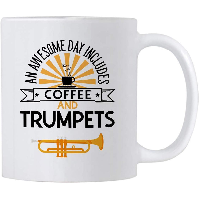 Tailorly White Ceramic 11 oz Mug - An Awesome Day Includes Coffee And Trumpets Golden Musical Instrument With Steaming Coffee Mug And Vintage Sunburst Rays Trumpet