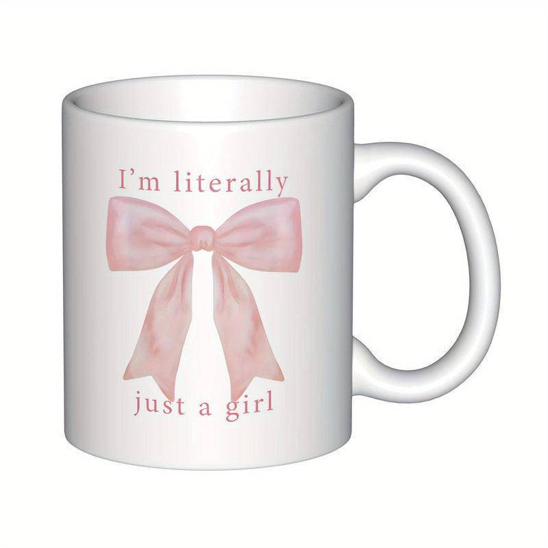 Tailorly White Ceramic 11 oz Mug - Im Literally Just A Girl Elegant Pink Watercolor Ribbons Forming A Delicate Silk Bow