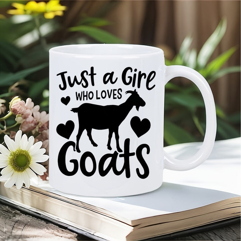 Tailorly White Ceramic 11 oz Mug - Just A Girl Who Loves Goats Black Minimalist Animal Silhouette Surrounded By Small Hearts And Rustic Nature Vibes Goat