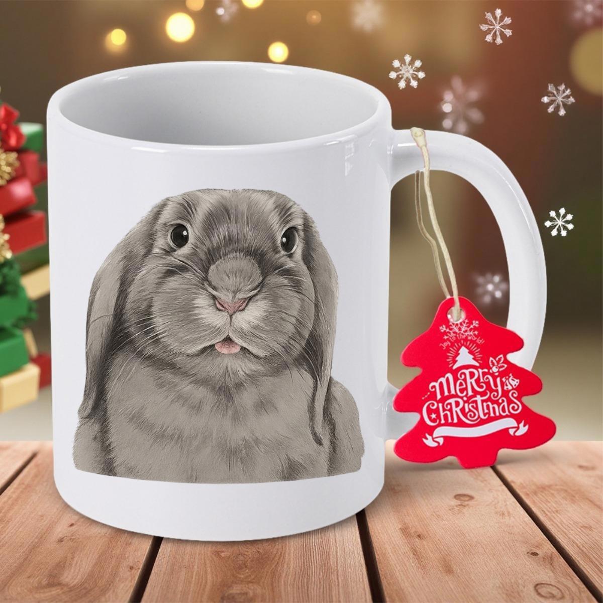Tailorly White Ceramic 11 oz Mug - Merry Christmas Adorable Realistic Gray Lop Eared Bunny With Soft Fur Detailed Eyes Rabbit