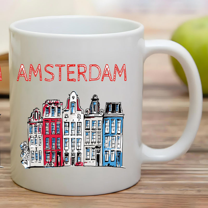 Tailorly White Ceramic 11 oz Mug - Amsterdam Vibrant Hand Drawn Dutch Canal Houses With Traditional European Architecture Building