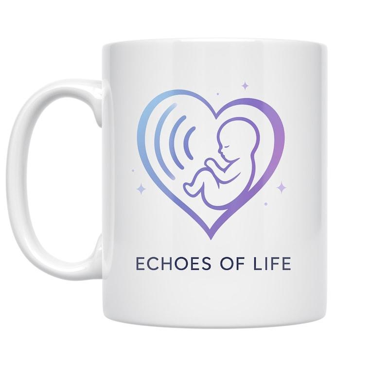 Tailorly White Ceramic 11 oz Mug - Echoes Of Life Stylized Gradient Heart With Fetus Silhouette And Sound Waves Symbol Heart