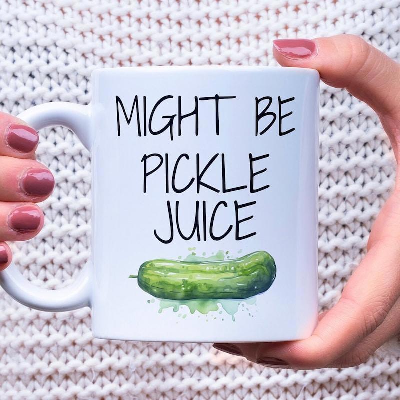 Tailorly White Ceramic 11 oz Mug - Might Be Pickle Juice Realistic Green Watercolor Style Garden Vegetable Floating Among Soft Splashes Pickle