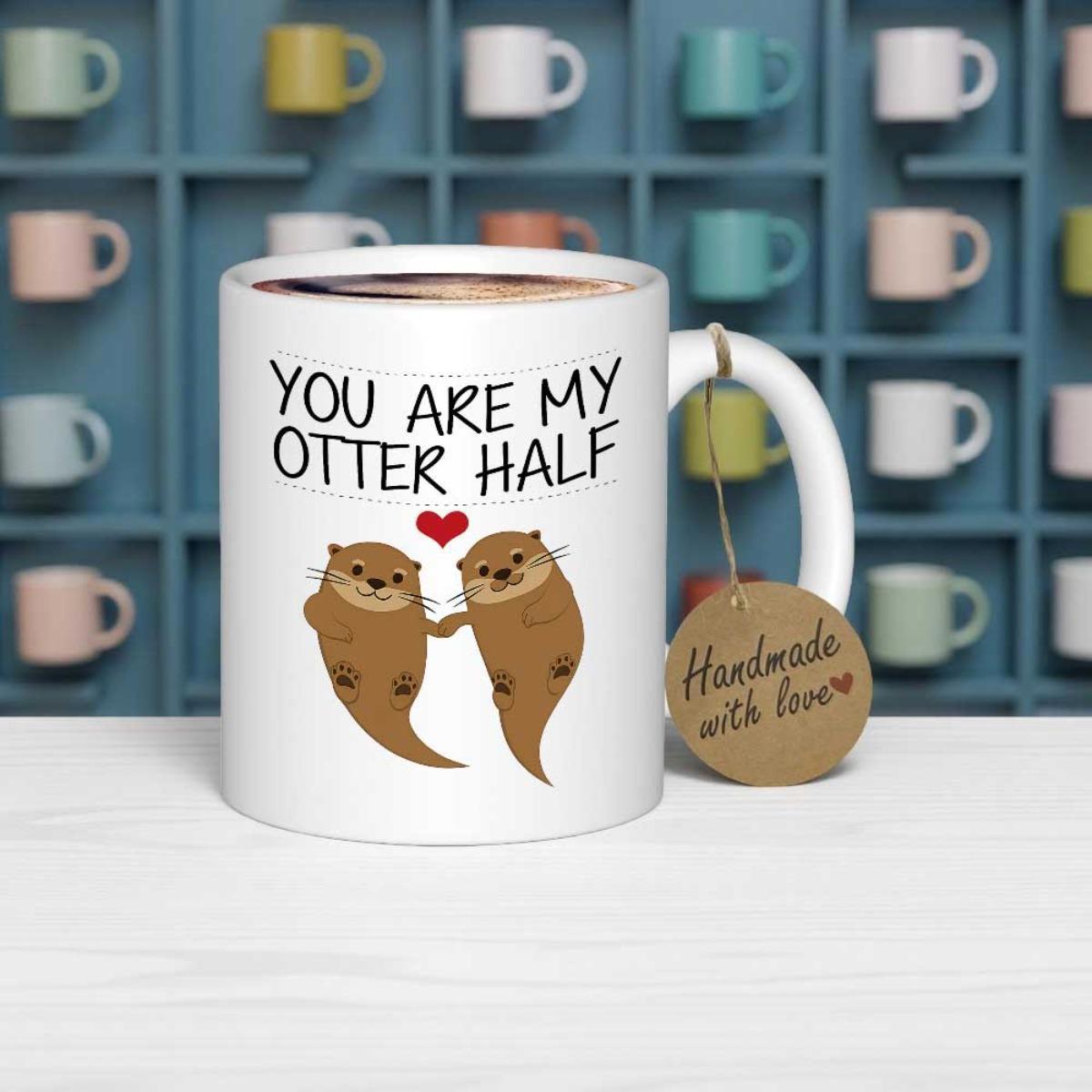 Tailorly White Ceramic 11 oz Mug - You Are My Otter Half Two Adorable Sweet Animals Holding Hands With Red Heart Otter