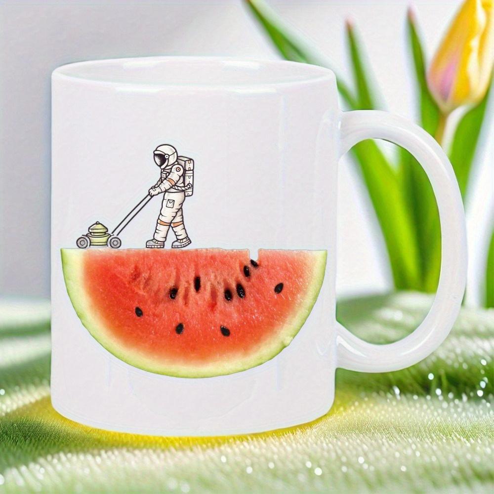 Tailorly White Ceramic 11 oz Mug - Tiny Astronaut Pushing Lawn Mower On A Fresh Red Watermelon Slice Astronaut