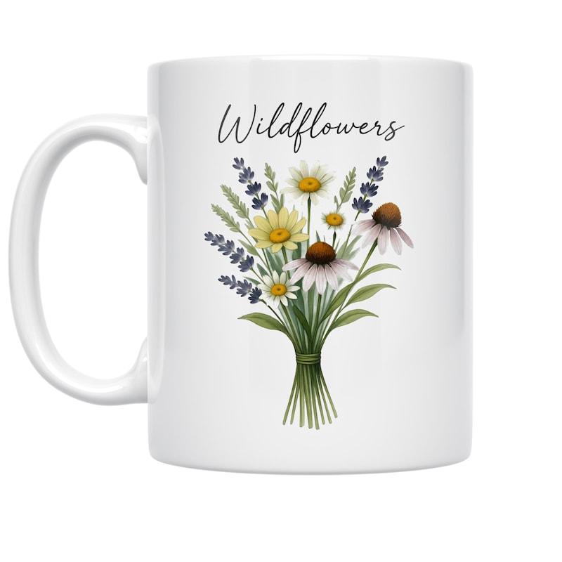 Tailorly White Ceramic 11 oz Mug - Wildflowers Hand Painted Garden Bouquet With Lavender Stems Among Green Leaves Wildflowers
