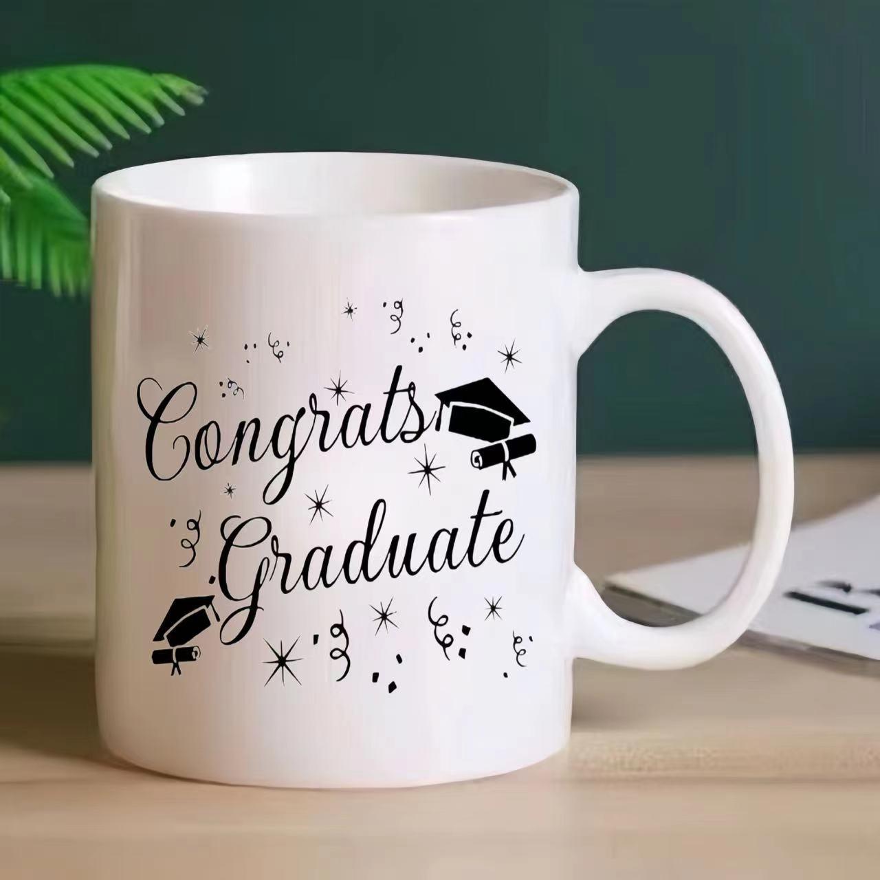 Tailorly White Ceramic 11 oz Mug - Congrats Graduate Minimalist Graduation Cap Surrounded By Decorative Shimmering Stars And Swirling Details Cap