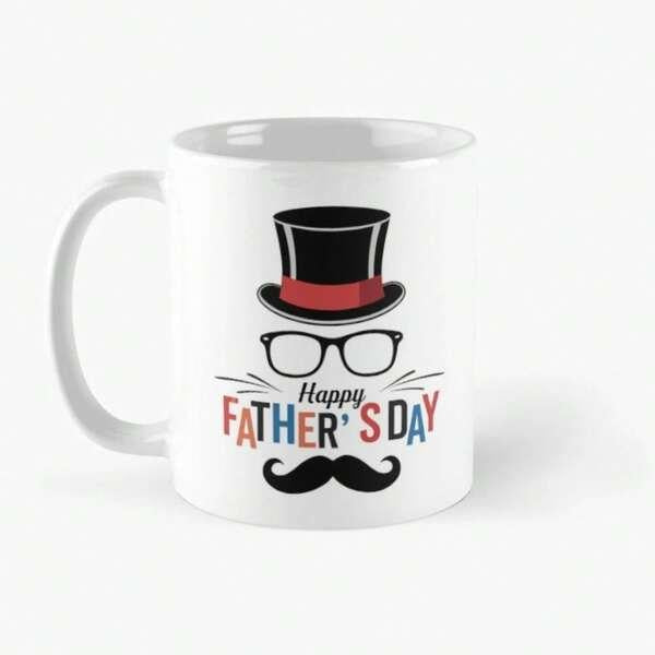 Tailorly White Ceramic 11 oz Mug - Happy Father's Day Classic Top Hat With Glasses And Stylized Black Mustache Symbolizing A Gentleman