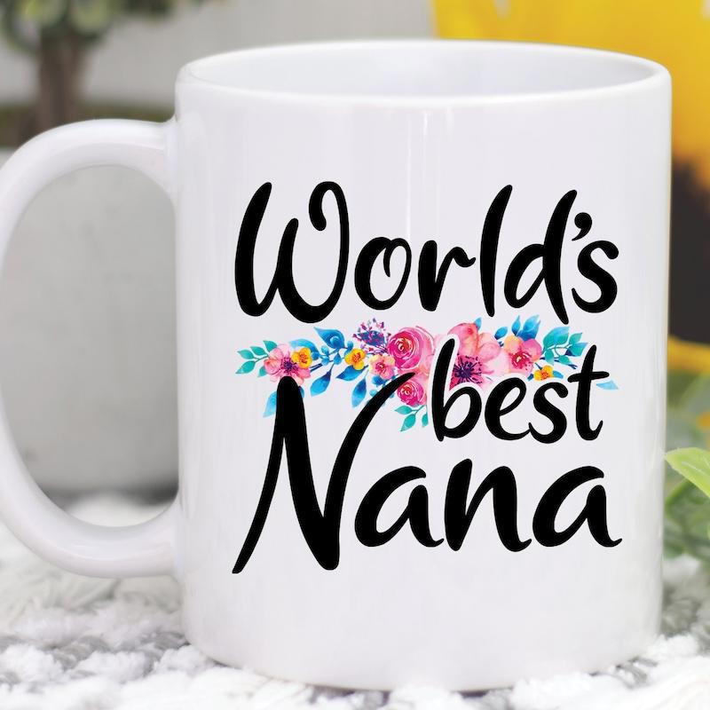 Tailorly White Ceramic 11 oz Mug - Worlds Best Nana Vibrant Pink And Blue Watercolor Blooms With Lush Summer Greenery Flower