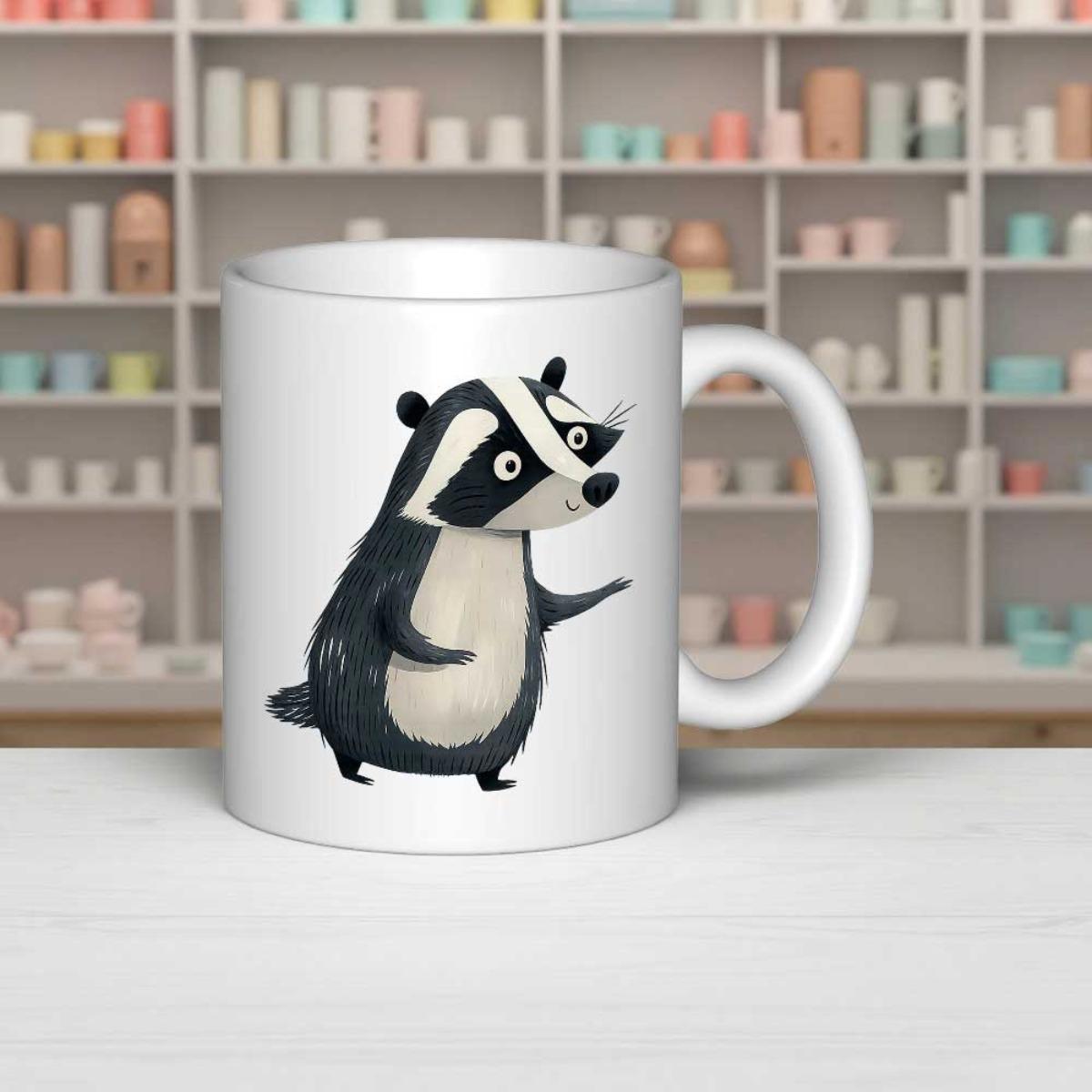 Tailorly White Ceramic 11 oz Mug - Adorable Hand Drawn Cartoon Style Standing Forest Animal Striped Badger